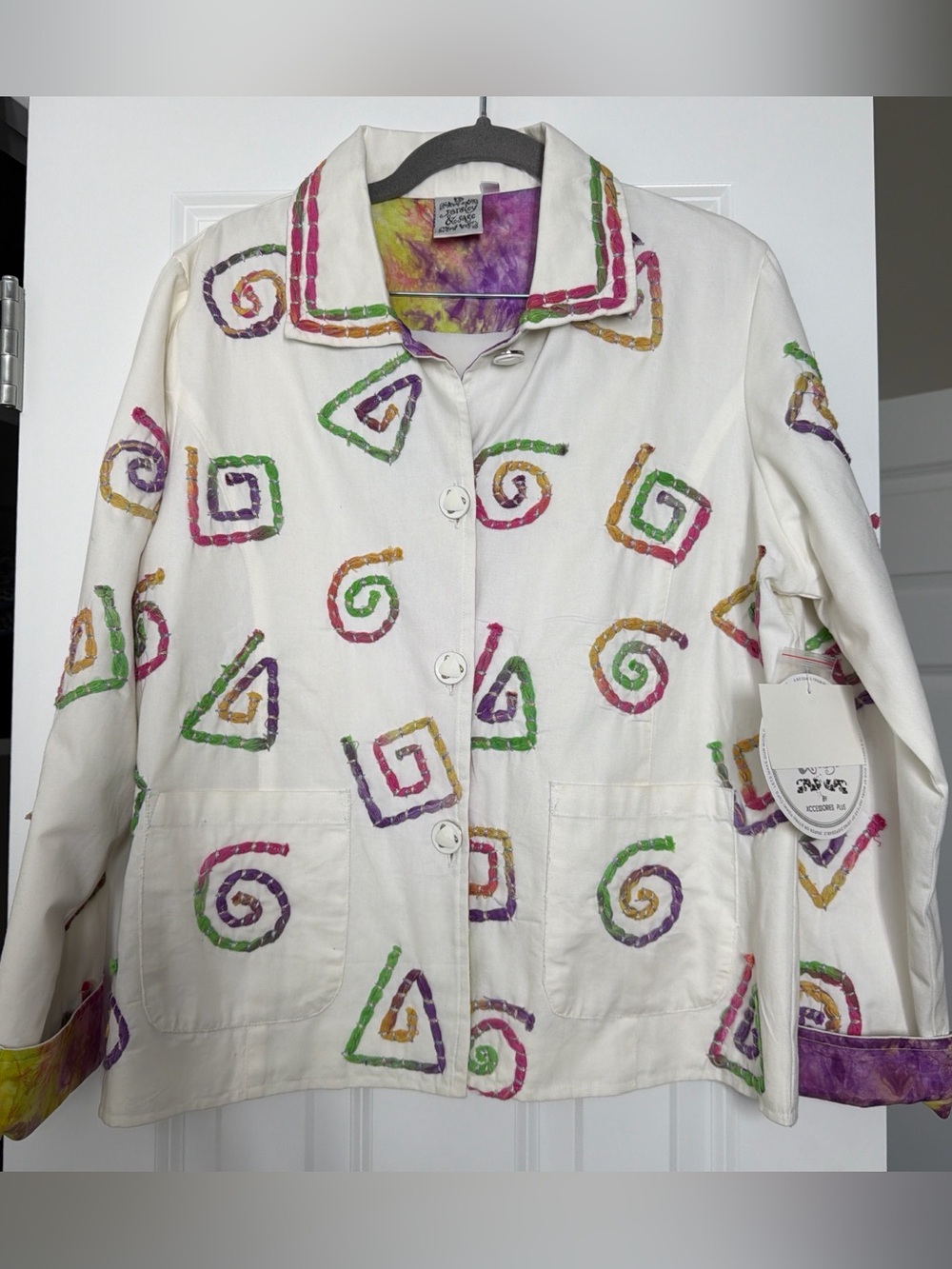 Parsley & Sage Cream Cotton Jacket with Multicolor Spiral & Square Motifs